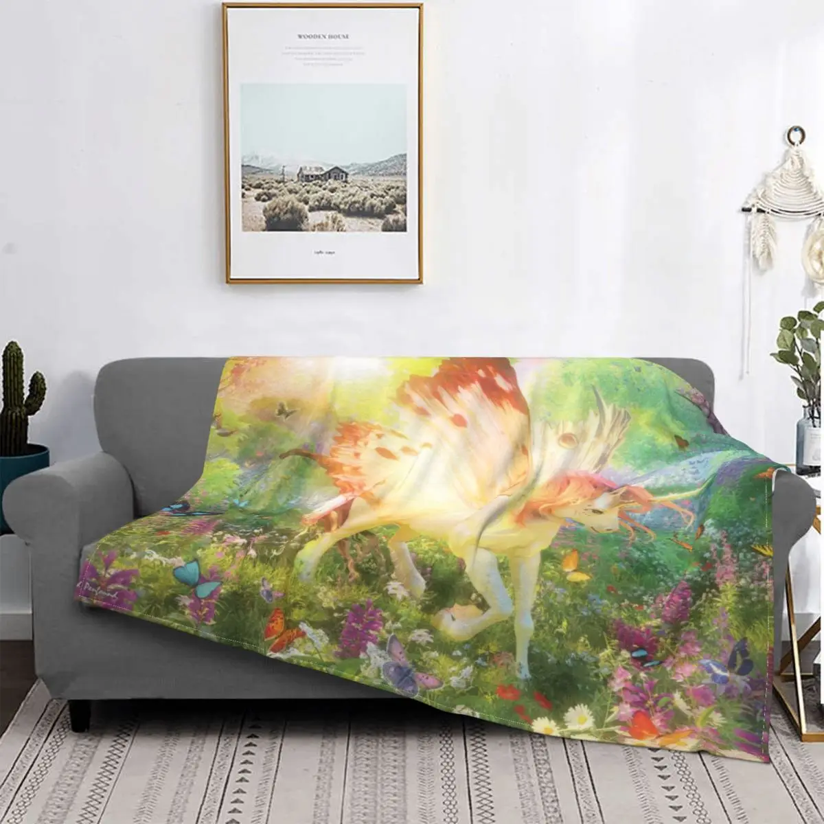 

Manta de franela con diseño de unicornio y mariposa, cobertor suave y transpirable de invierno para sofá, colcha de viaje