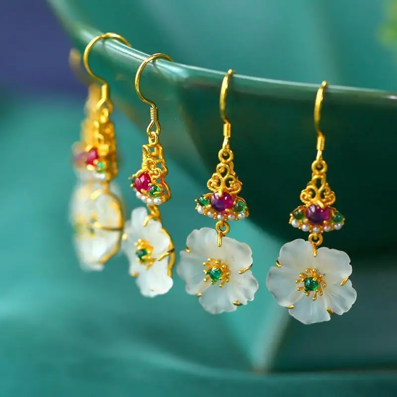 

Natural Hetian white jade plum blossom Earrings Chinese retro court style elegant charm exquisite women's silver jewelry