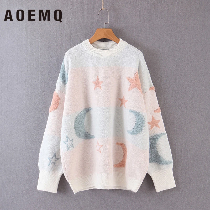 AOEMQ/модные свитера с принтом в виде звезд и Луны 3 цвета зимний свитер пуловер