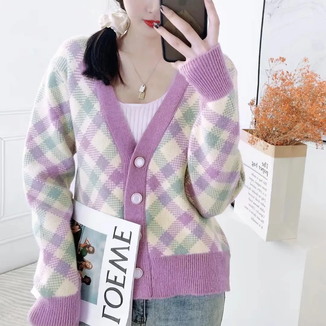 

2021 Sweater Coat Women Mixed colour diamond knit Lazy Style Korean Retro Black Loose O Neck Knitted Cardigan Fashion