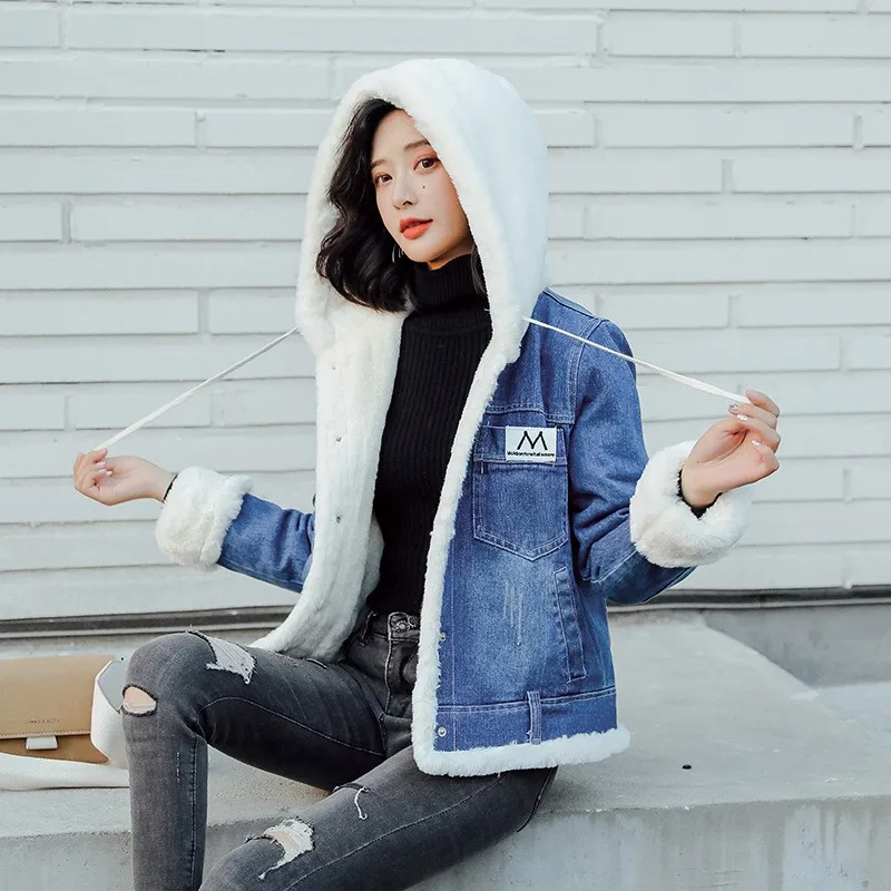 

Winter Women Thick Warm Fur Lining Short Denim Jacket Hoody Slim Fit Jeans Coat Female Casual Overcoat Streetwear Parkas Jacket