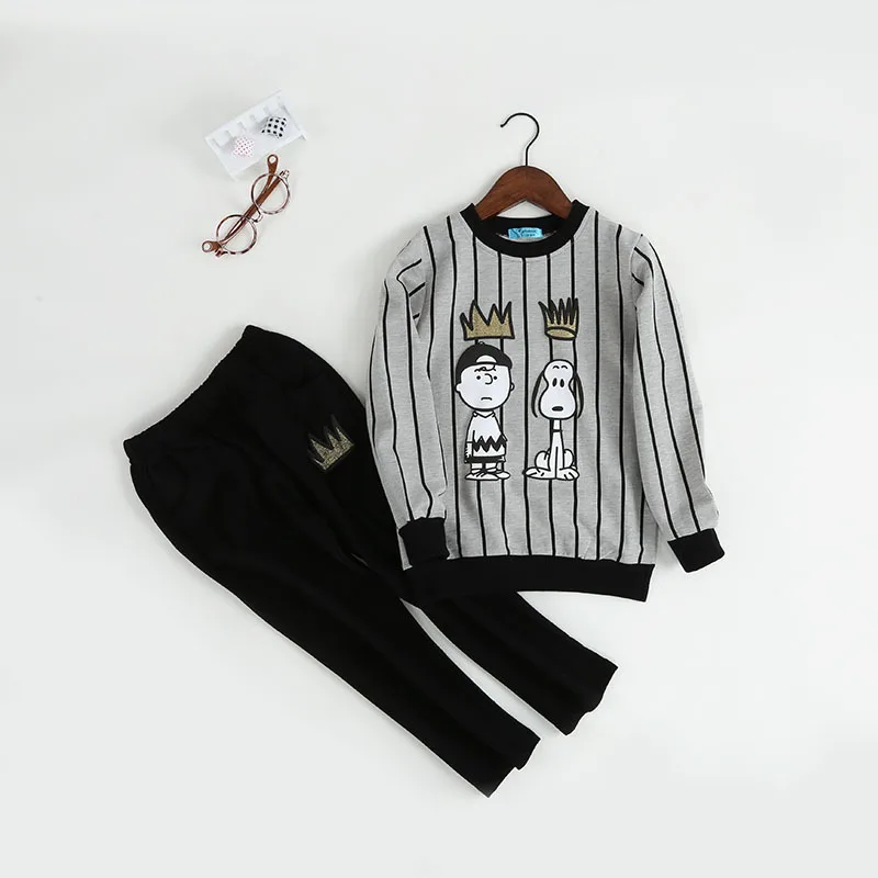 

Autumn 2021 New Arrivals Boys Casual Long Sleeve O Neck Dark GreyStriped Cartoon Print Trousers Suit 2-7T