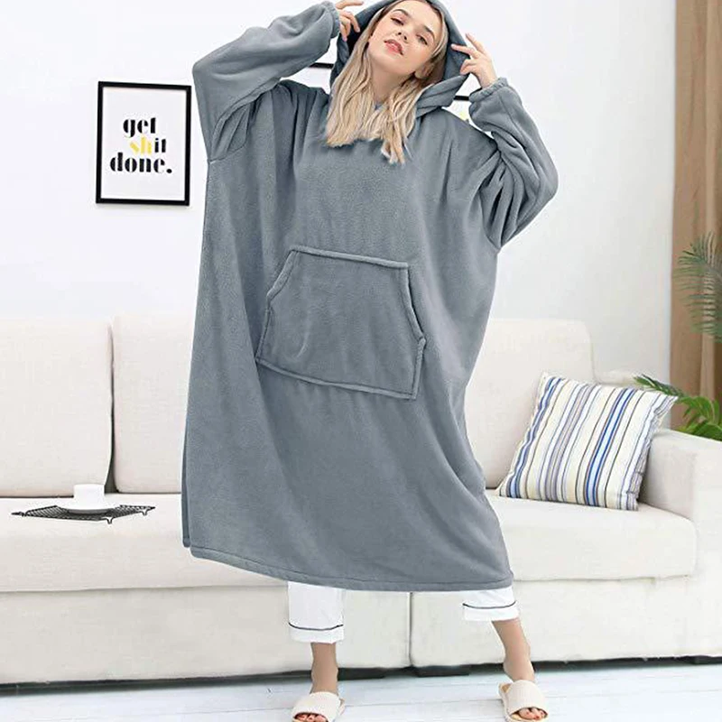 

Oversized Comfy Blanket Hoodie Lazy Plush Sweatshirt Poleron 2021 Long And Loose Kangaroo Pocket Soft Hoodie Furry Double Sided