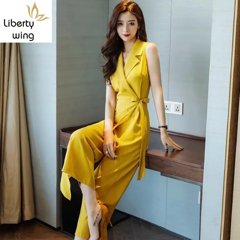 Широкие брюки женские летние новые комбинезоны с высокой талией и v образным