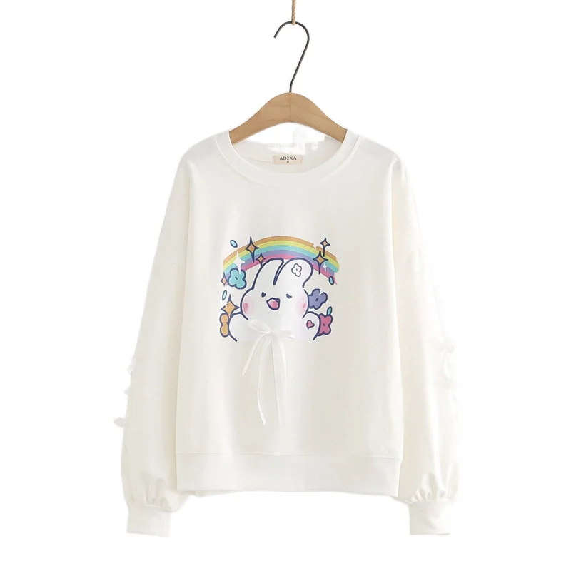 

Женская хлопковая толстовка, спортивный костюм в стиле Харадзюку, с милым мультяшным принтом, с сердечками и галстуком-бабочкой, весна-осень, A0461, 2021