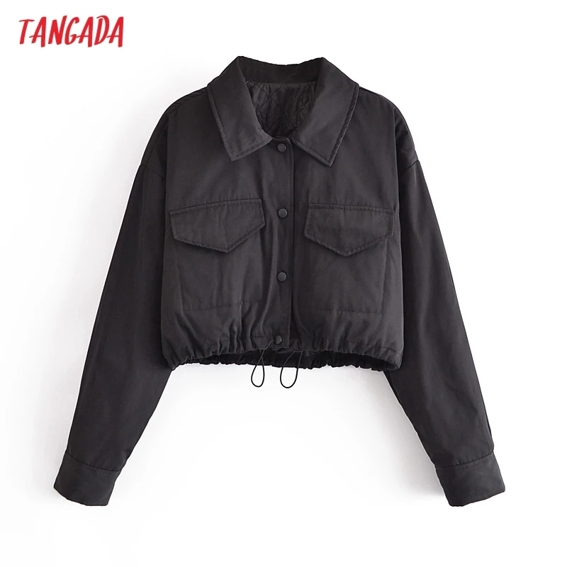 

Tangada 2021 Autumn Women Solid Oversize Thin Crop Parkas Cotton Jacket Long Sleeve Female Black Tunic Padded Overcoat QN155