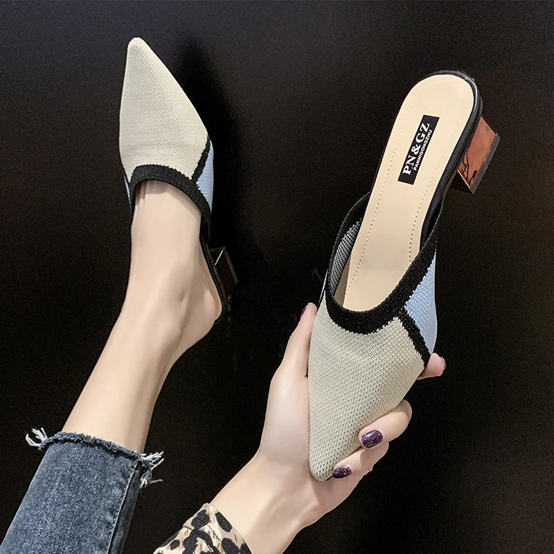 Мюли женские сетчатые на высоком каблуке сланцы заостренный носок квадратный