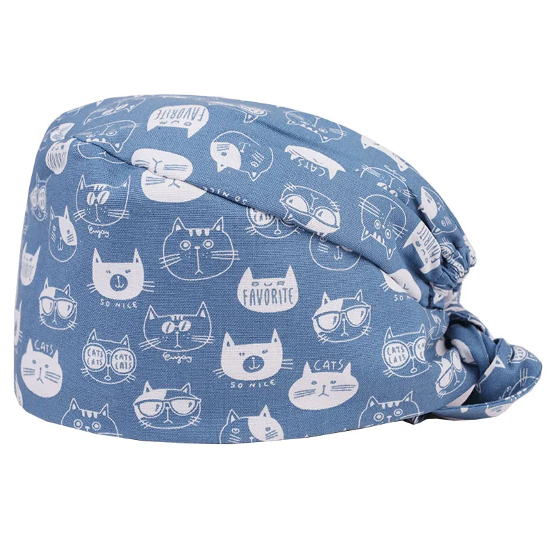 

Gray Cat Scrub Caps Pattern Work Nursing Hat Women Men 100% Cotton Clinic Beautician Chef Cooking Skull Cap M28
