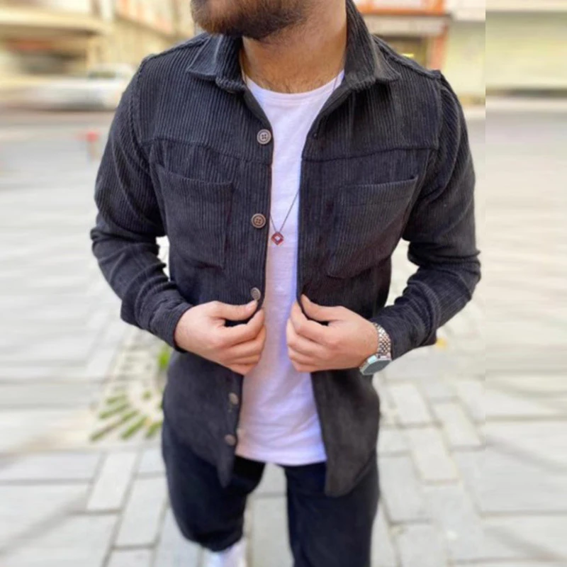 2021 New Autumn and Winter Casual Men's Corduroy Shirt Retro Lapel Button Cardigan Shirt Fashion Street Solid Color Men's Shirt