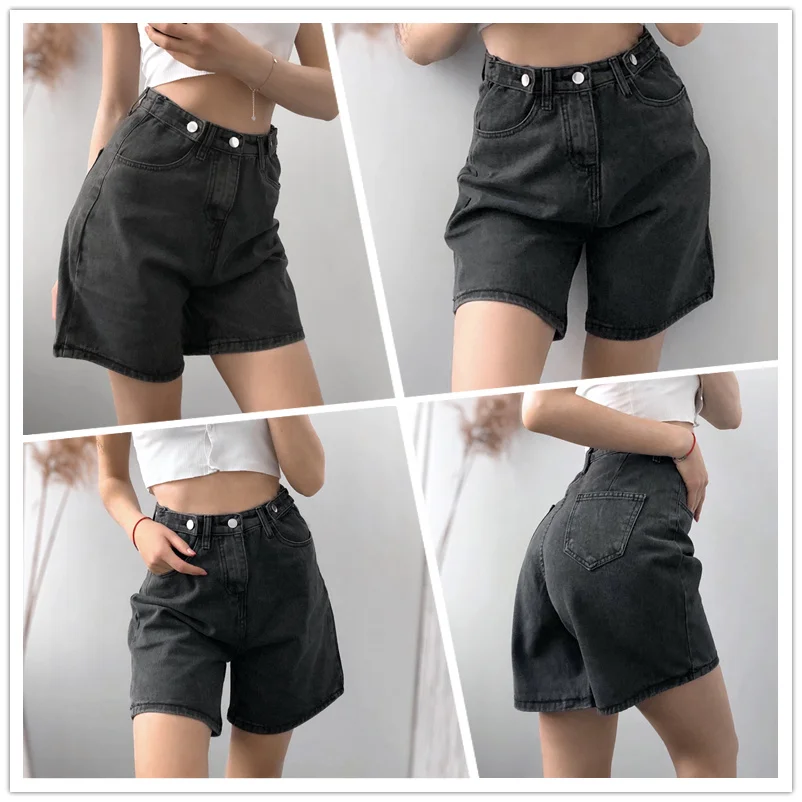 

FTLZZ New Summer Women High Waist Button Wigh Leg Jeans Shorts Casual Female Loose Fit Blue Denim Shorts