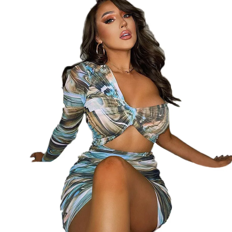 

Hollow Summer Mini Dress One Sleeve Printed Elegant Casual Dress Sexy Tights Club Wear Women All-match Clothing