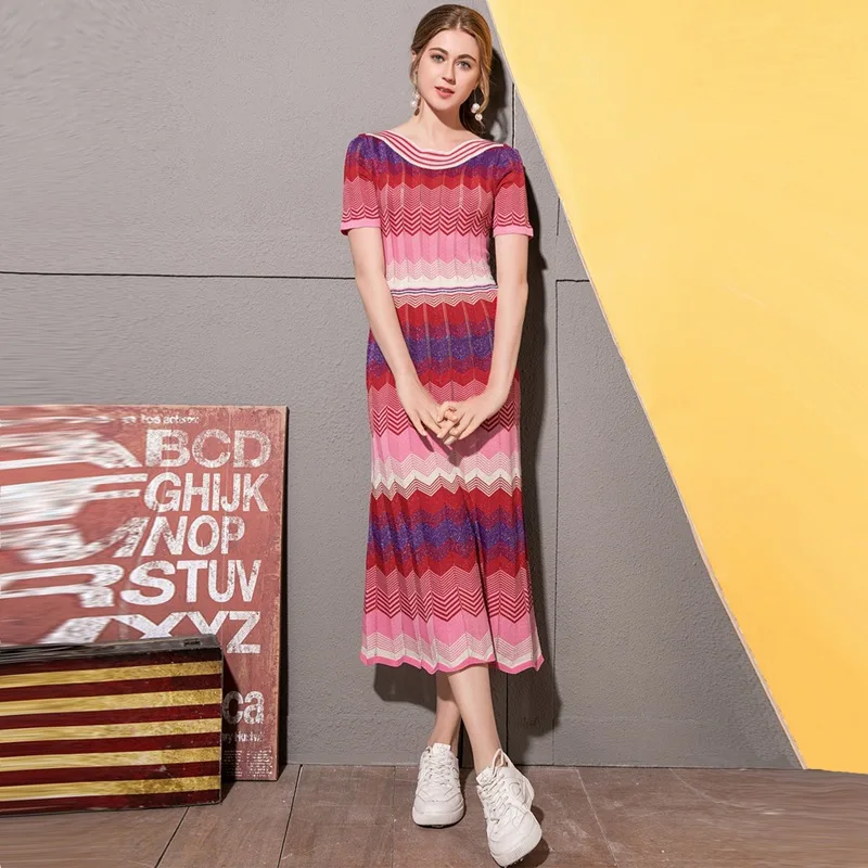 

SuperAen Rainbow Contrast Ripple Gradient Short Slim O Neck Knit Dresses Women Spring Summer 2021