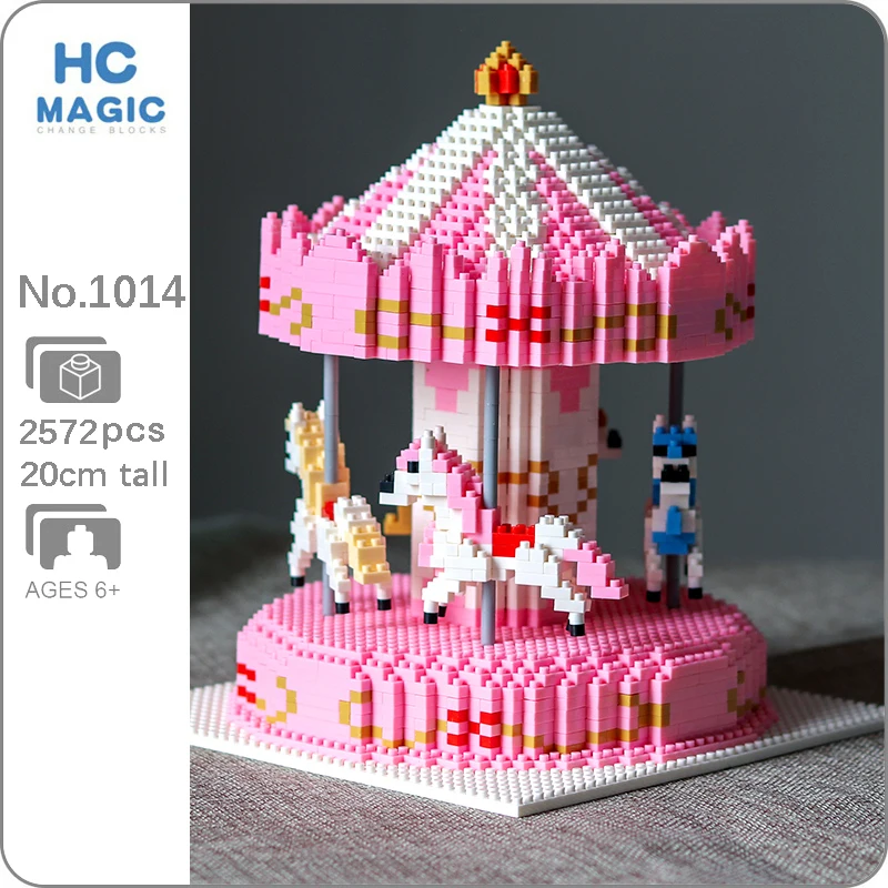 

HC Animal Amusement Park Pink Merry-go-round Carrousel Horse 3D Model Building Blocks Kit DIY Mini Diamond Bricks Toy for Kids