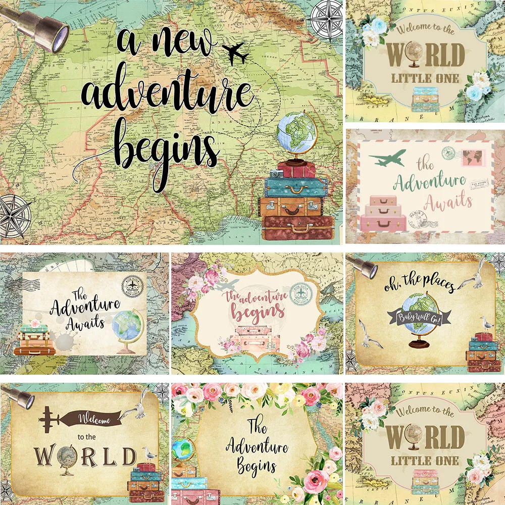 

Mocsicka Adventure Awaits Photography Backdrops World Map Airplane Global Travel Background Baby Birthday Photo Backdrops Props
