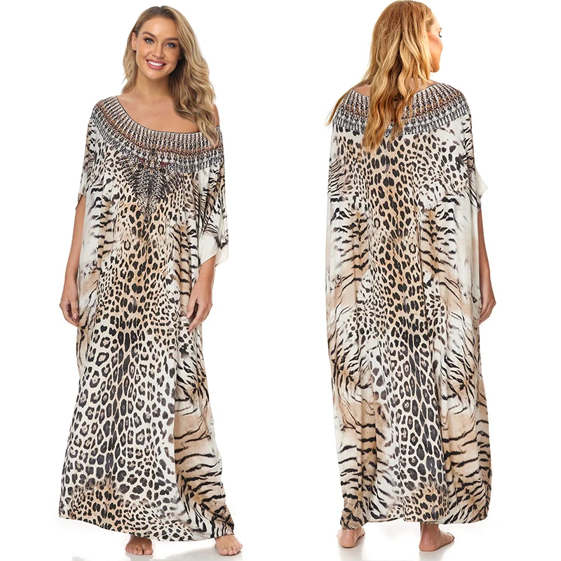 

Leopard Print Swimsuit Cover up Plus size Bohemian Maxi Dress Pareos de playa Mujer Kaftan Dress Sarong Tunic for Beach Swimwear