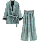 Женский винтажный костюм-кимоно, голубое свободное кимоно с рукавами-перьями и широкими штанинами, 2020