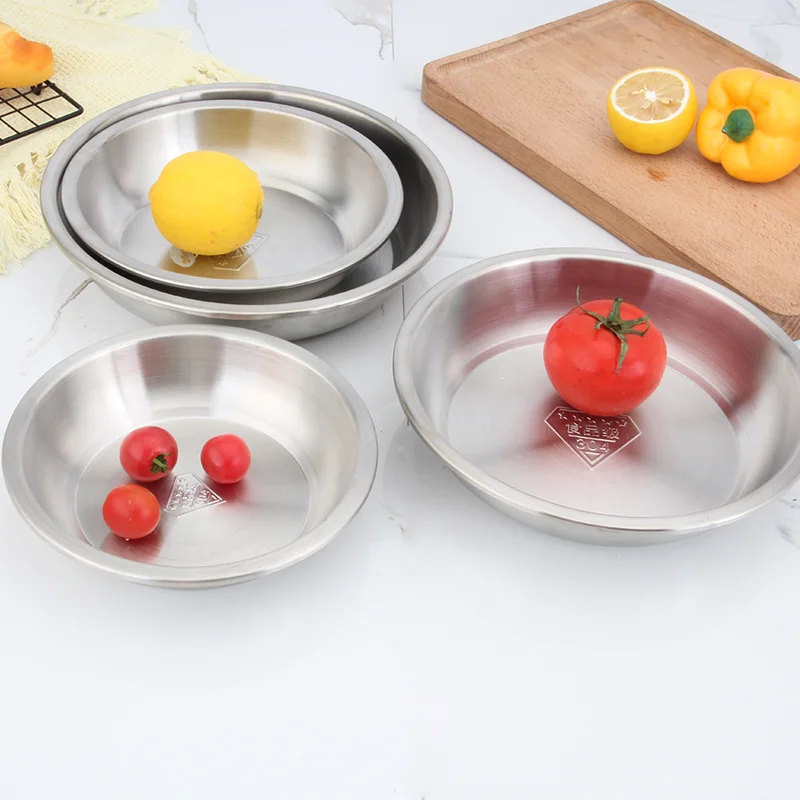 

Round Household Thickened 304 Stainless Steel Flat Base Plate For Salad Soup Pasta Mixing Plate Dinner Plate Seasoning