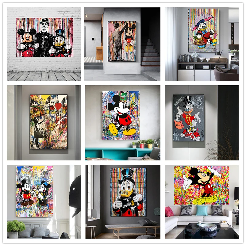 

Disney уличного граффити Микки, Дональд Дак, холст для живописи Плакаты принт художественное оформление комнаты картина на стену для детский д...