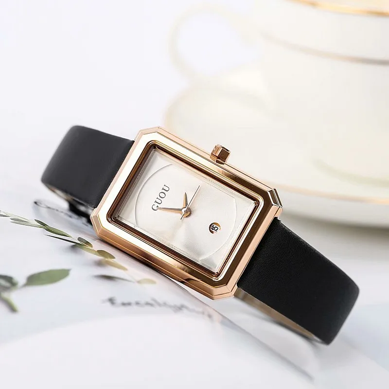 Часы женские маленькие квадратные в стиле ретро с кожаным ремешком и календарем