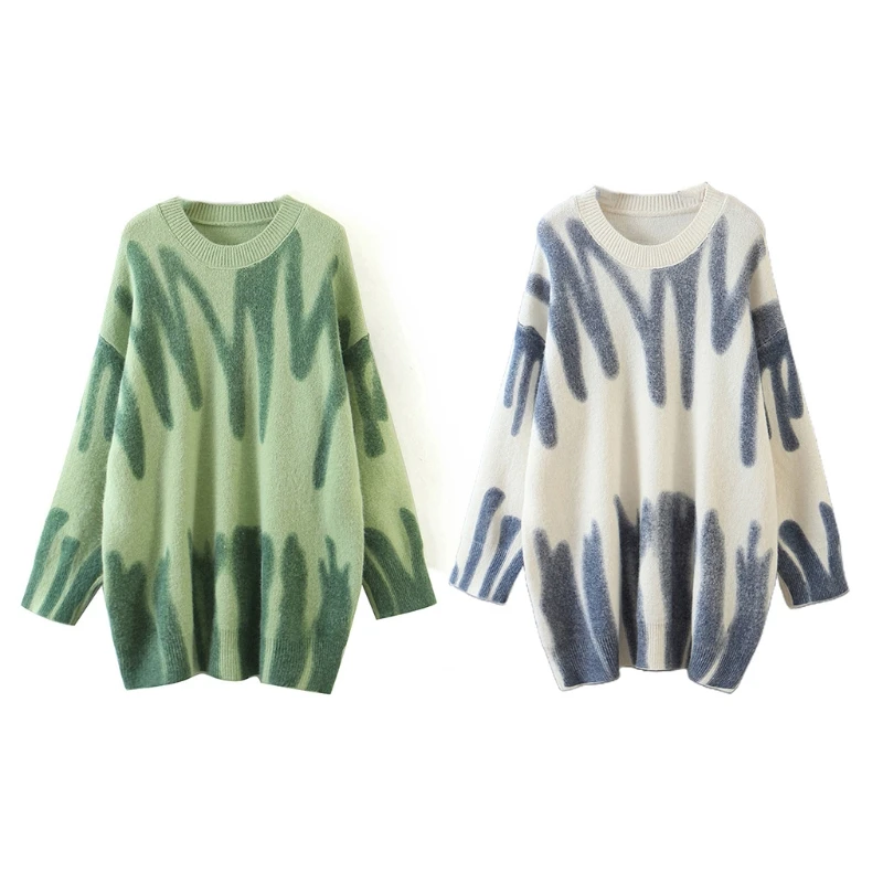 

Women Tie-dyed Sweater Long Sleeve O-Neck Harajuku Loose Knit Jumper Top XX9D
