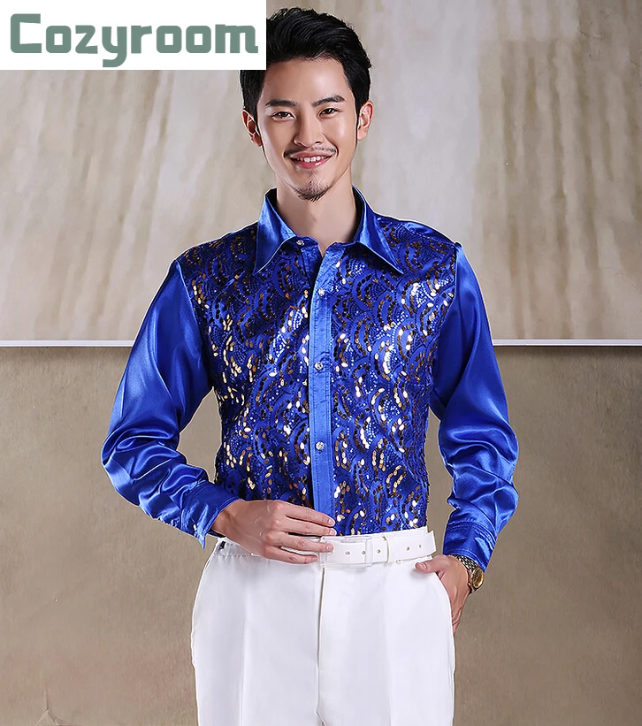 

Free shipping 2021 New Arrivals Man dress shirt Men performances suit singer Slim Long sleeve shirts / S-XXL