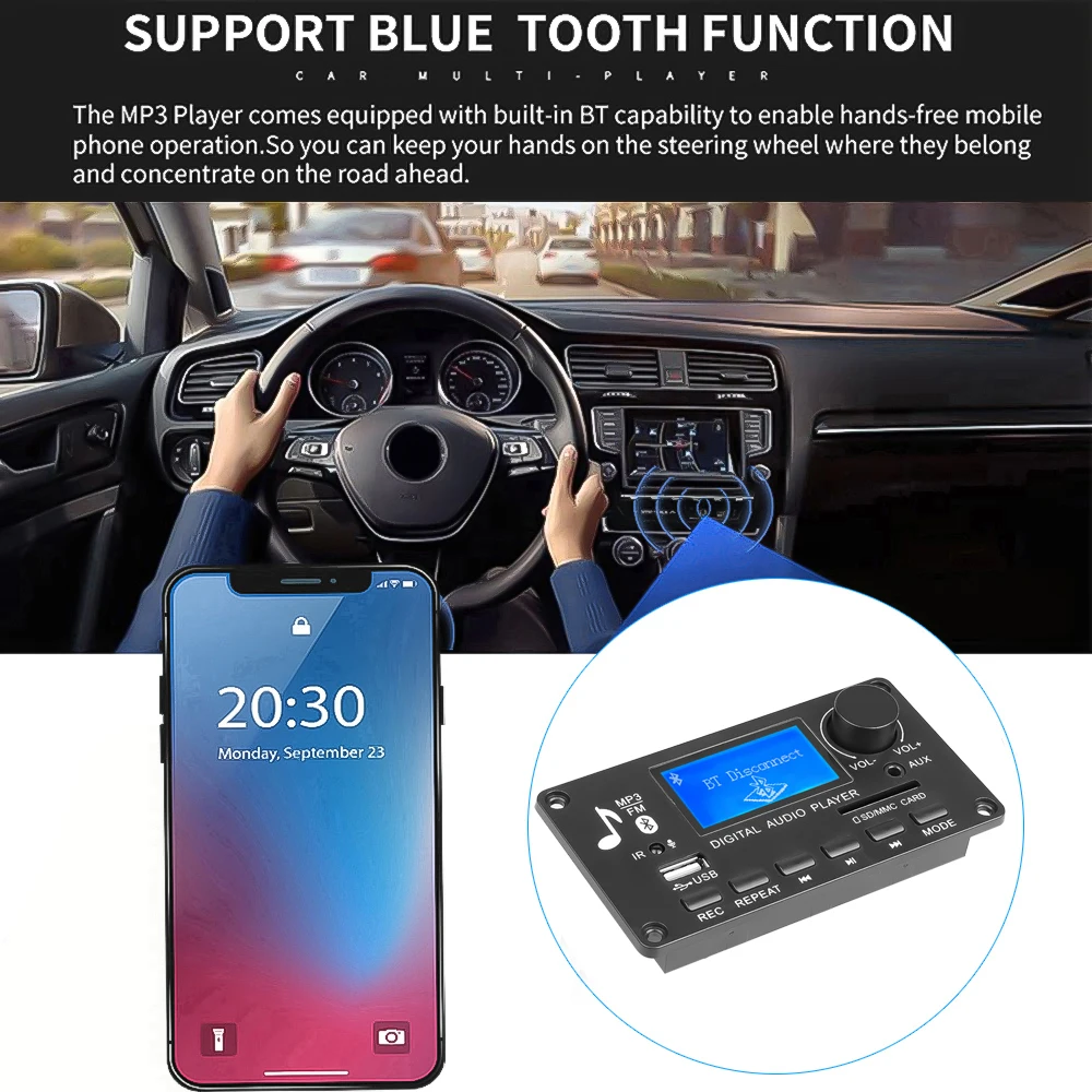 Плата mp3-декодера 12 В Micro USB FM AUX Bluetooth поддерживает запись вызовов | Электроника