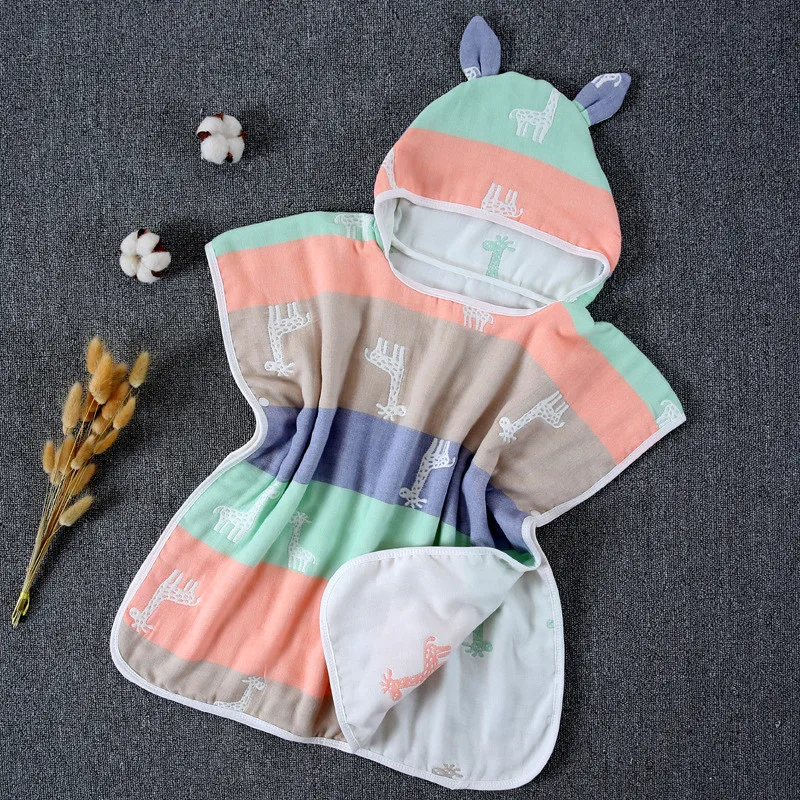 Детское пляжное полотенце пончо с капюшоном 6 слоев хлопок газовая ткань детское