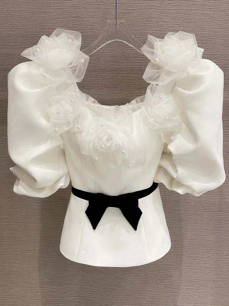 

Floral Blouses Womens 2021 Summer New Fashion Mesh Pearl Beaded Tight Waist Puff Sleeve Shirt Lady Chic Top Slim Fit Blusas