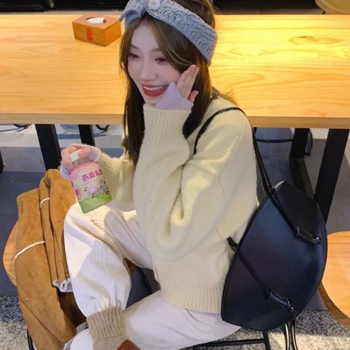 Корейский шикарный мягкий однобортный свитер для девушек на раннюю весну белый