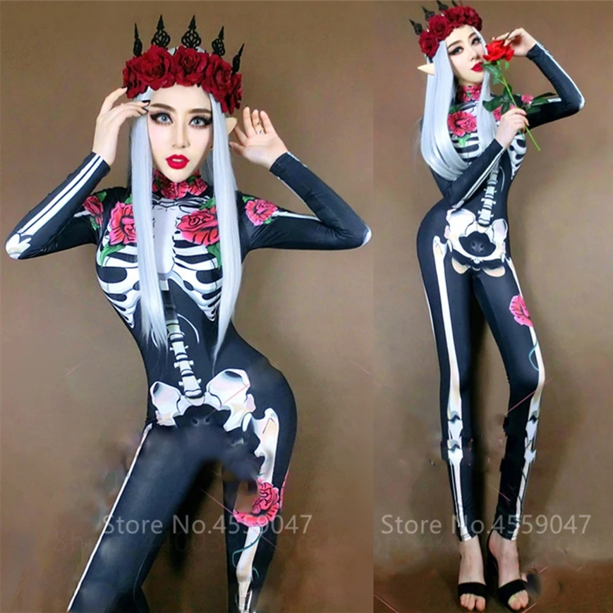 

Queen Sexy Bodysuit Halloween Ghost Dance Cosplay Bride Cosplay Scary Costumes Women Female Jumpsuit Rose Print Carnival Party