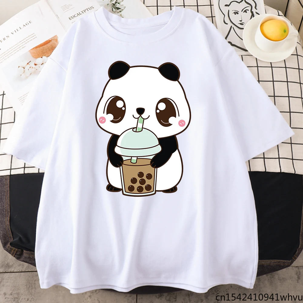 

Cute Little Panda Drink Milk Tea Print Women T-Shirts Summer Loose Tops Cartoon Style Oversize O-Neck
