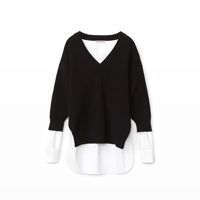 

Women Sweater 2021 Spring and Summer New V-neck Loose Knitted Sweater Shirt Stitching Fake Two-piece Mid-length Top