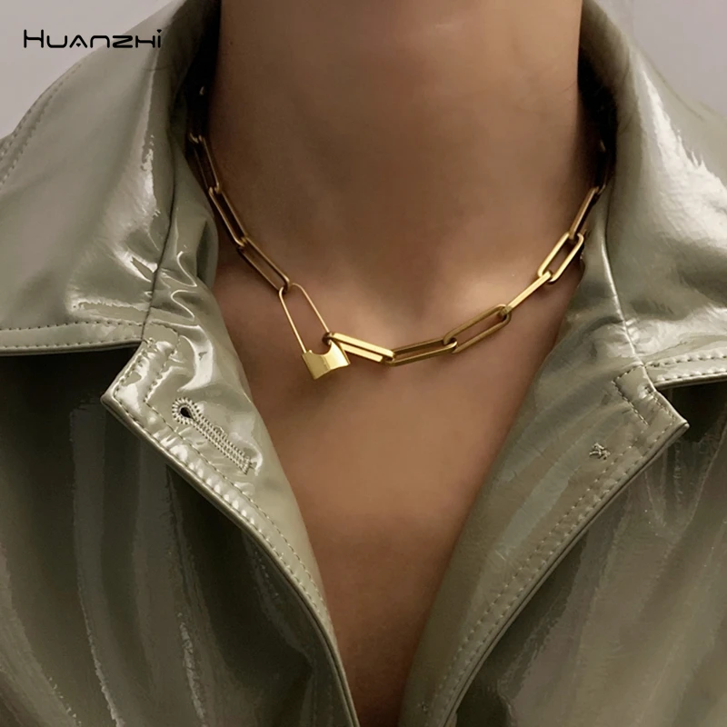 

HUANZHI 2020 Punk Gold Silver Color Metal Lock Safety Pin Chain Choker Necklace Personality for Women Girls Party Jewelry