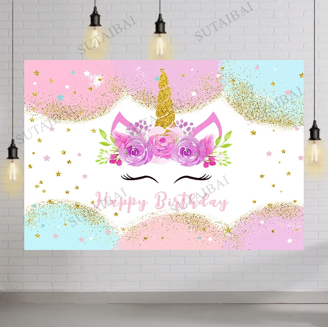 

Rainbow Unicorn Backdrop Happy Birthday Party Decorations for Girls Watercolor Floral Glitter Stars Dots Unicorn Banner Supplies