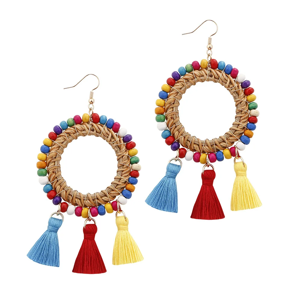 

2020 Ladies Fashion Creative New Earrings Temperament Tassel Bohemian Circle Rattan Woven Personalized Earrings Gift