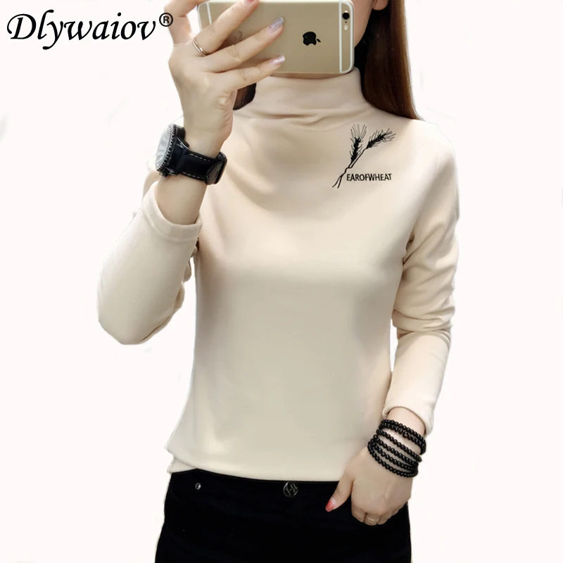 

Футболка женская с вышивкой пшеницы, толстая универсальная рубашка с высоким воротником, однотонная одежда в Корейском стиле, на осень-зиму