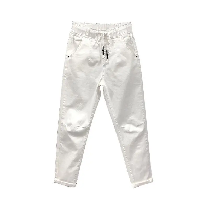 

Spring Summer Women Cotton Denim Pants Plus Size Elastic Waist Loose Harem Pants Female Casual Ankle-length White Jeans D317