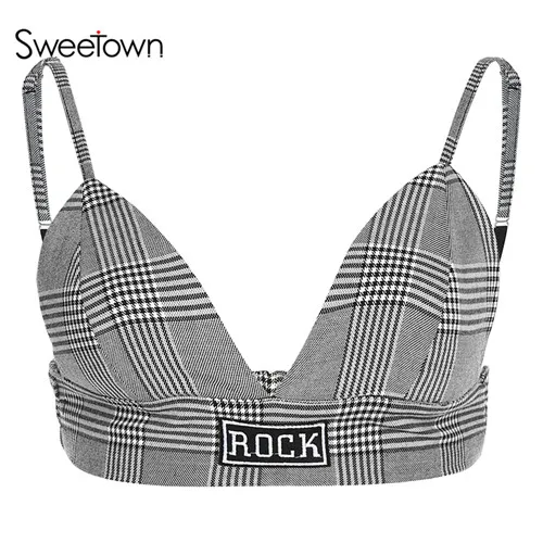 as picture Sweetown клетчатый принт без бретелек сексуальный кроп Топ уличная новая регулируемые бретельки Cami Топ английский стиль Camisole лето - Цвет: as picture
