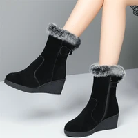 us3 us9 women black genuine leather wedges high heel snow boots female winter warm rabbit fur platform pumps shoes casual shoes