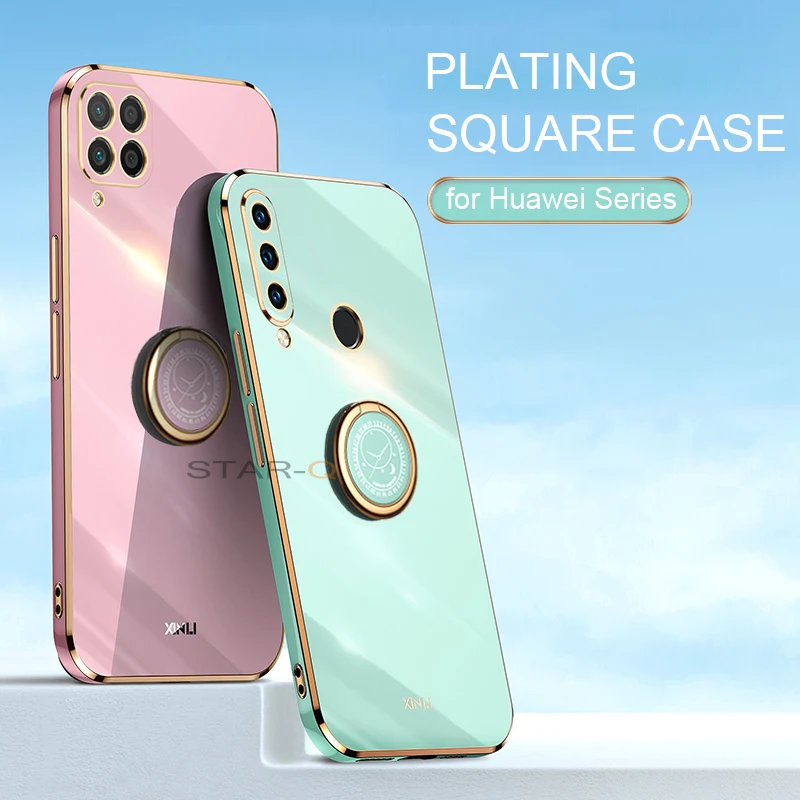 plating square ring holder phone case on for huawei p30 p40 p20 lite pro p smart plus 2019 20 30 40 luxury silicone stand cover free global shipping