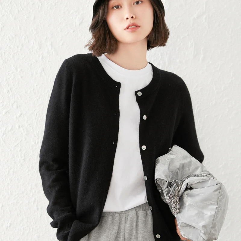 Женский кардиган из 100% чистой шерсти трикотажная рубашка пальто с круглым