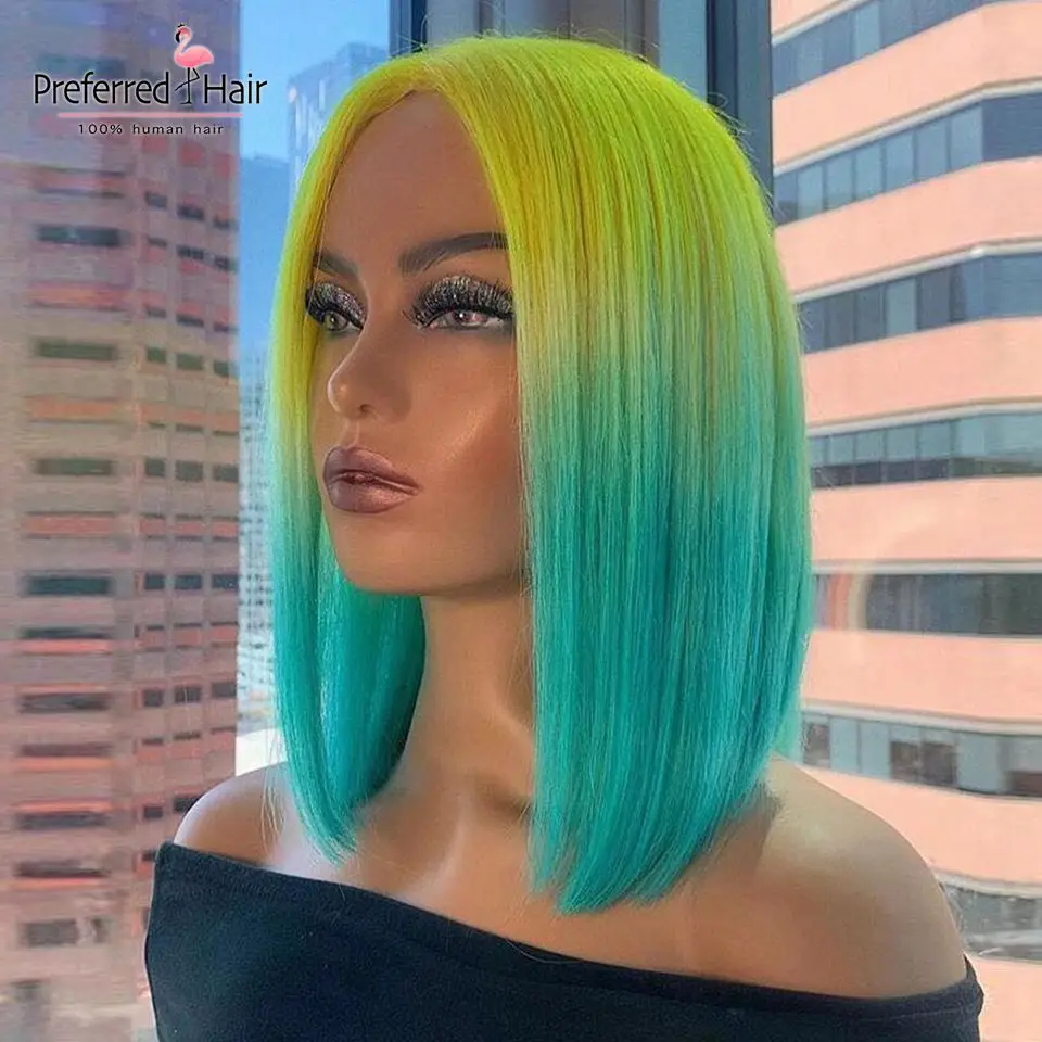 Preferred prepucked фиолетовый зеленый парик Ombre Человеческие волосы Glueless Remy бразильский