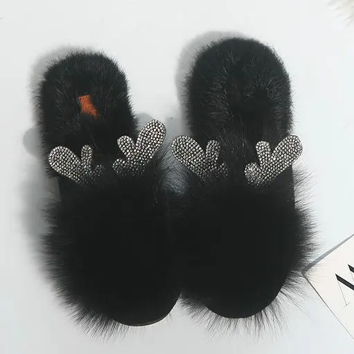 916 Black Дизайн в виде двойного сердца серьги со стразами натуральный кроличий мех меховая заколка тапочки на плоской подошве перетаскивание Для женщин обувь XYZ341 - Цвет: 916 Black