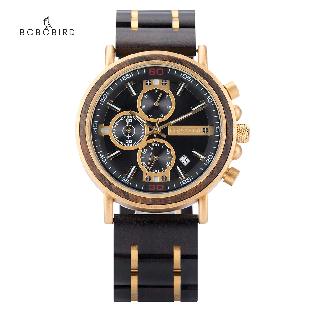 

Men's Watch BOBO BIRD Quartz Watches Top Fashion Wooden Chronograph Clock Date Show Luminous Needles Great Gift Box reloj hombre