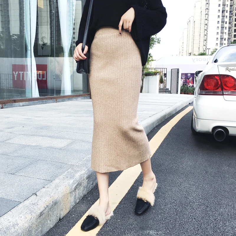 

2021 Women Autumn Winter Long Knitted Skirt Wrapped Hip Skirt Elastic High Waisted Slim Pencil Skirts Split Hem