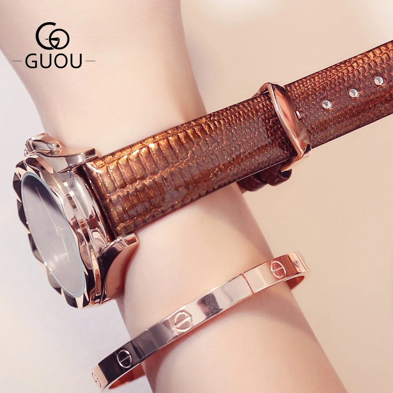 GUOU Gold Plated Women Watch Quartz Movement Genuine Leather Strap Ladies Watches Waterproof Charm Female Wristwatches Clocks enlarge