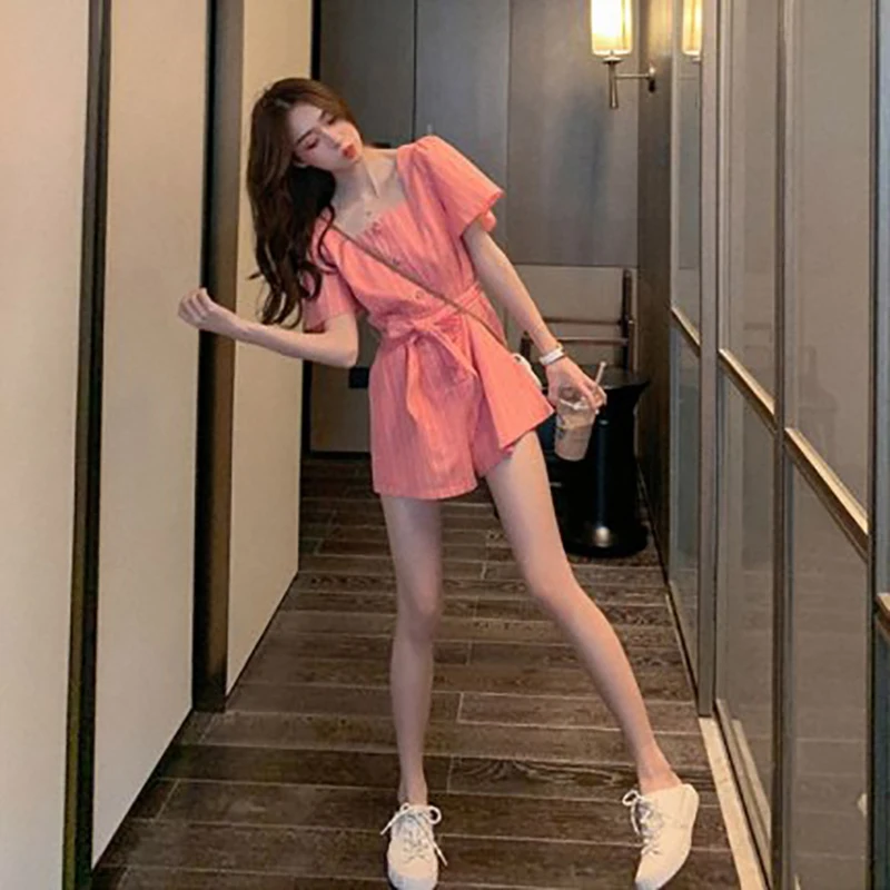 Conjoined Shorts Woman Summer 2020 New Loose Show Thin Tall Waist Stripe Wide-legged Jumpsuit Pink Collect Waist Lace-up 1
