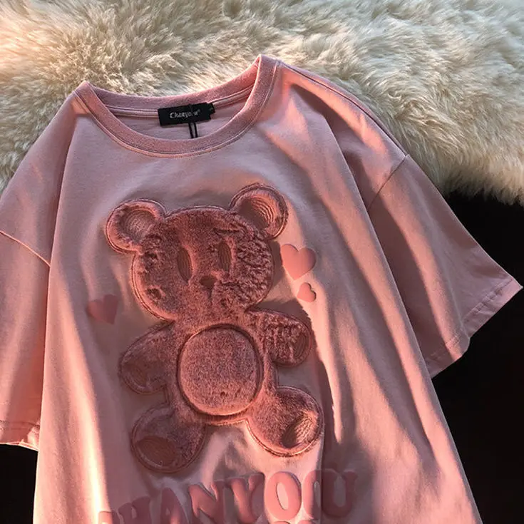 

Love Embroidery Bear Short-sleeved T-shirt Female 2021 New Summer Couple Loose Large Size Half-sleeved Student Shirt Trend