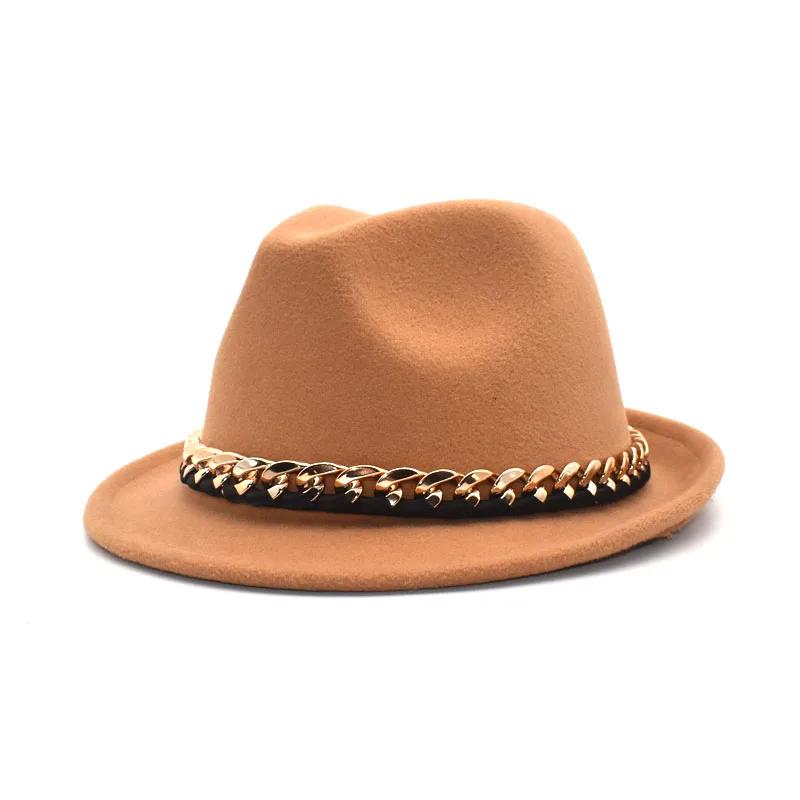 New Autumn Winter Wool Fedoras Hats Women Chain Wide Brim Panama Jazz Hat Men British Vintage Cowboy Hat F114