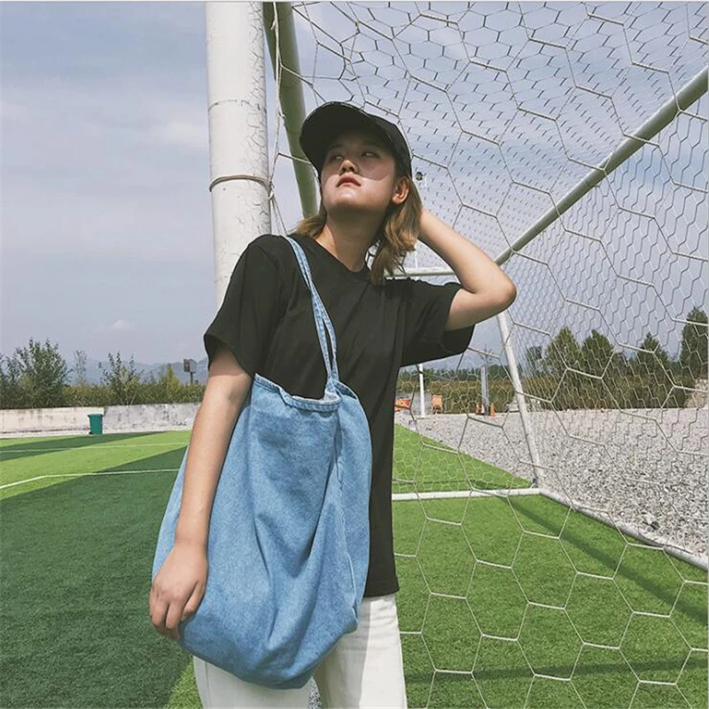 

Simple Casual Wild Color Denim Canvas Shoulder Bag Large Capacity Durable Eco-friendly Shopping Bag Girl Vintage Style Satchel
